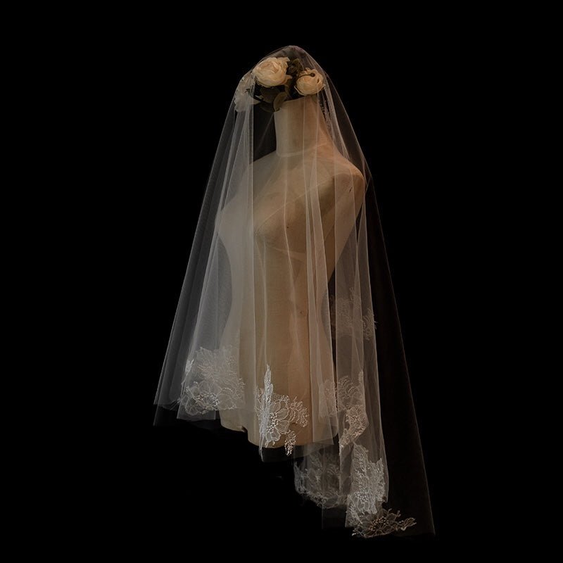 Lace Edged Bridal Blusher Veil With Embroidery - Waltz Wedding Veil