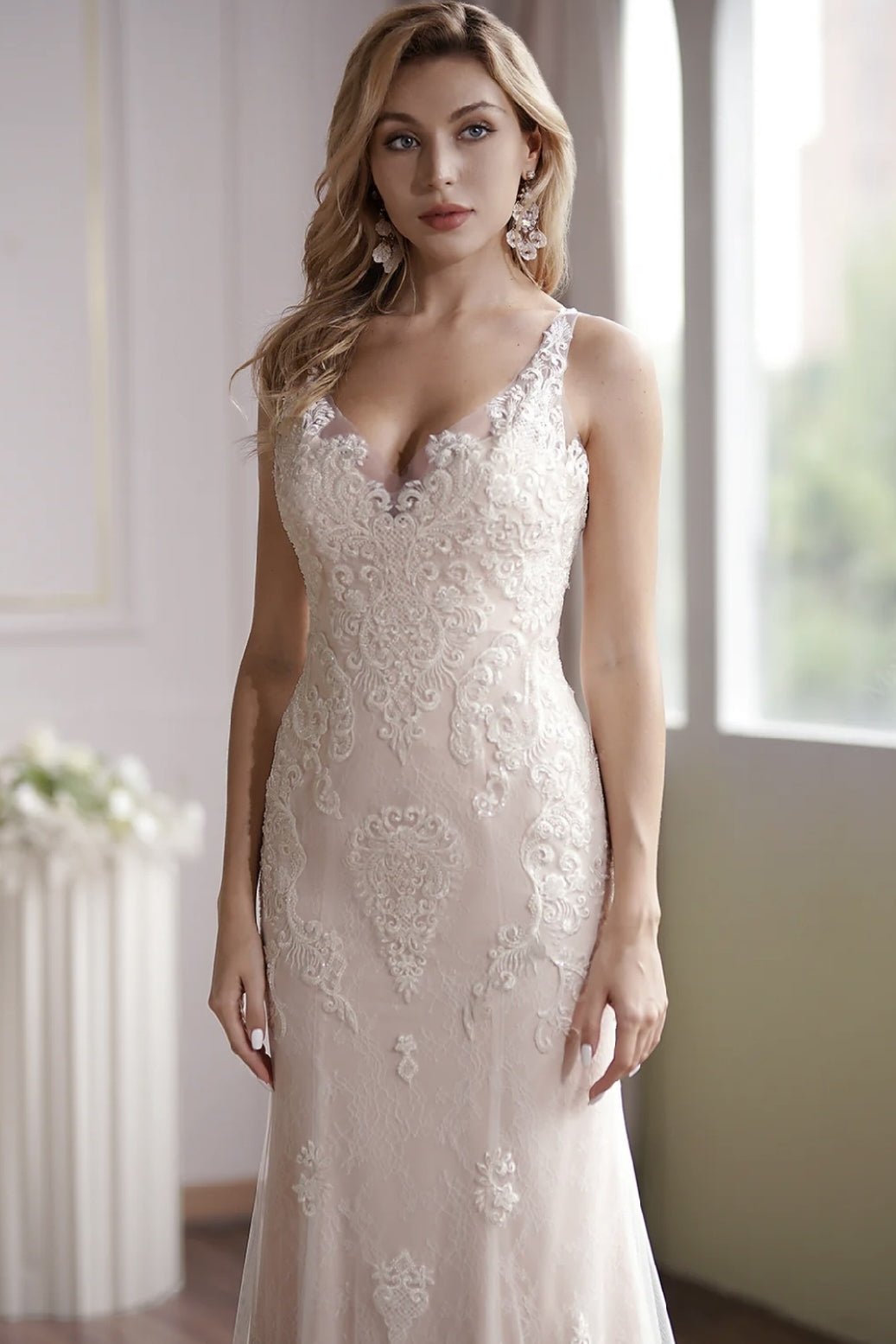 Luxurious Blush V-Neck Embroidery Straps Sleeveless Beaded Mermaid Bridal Gown