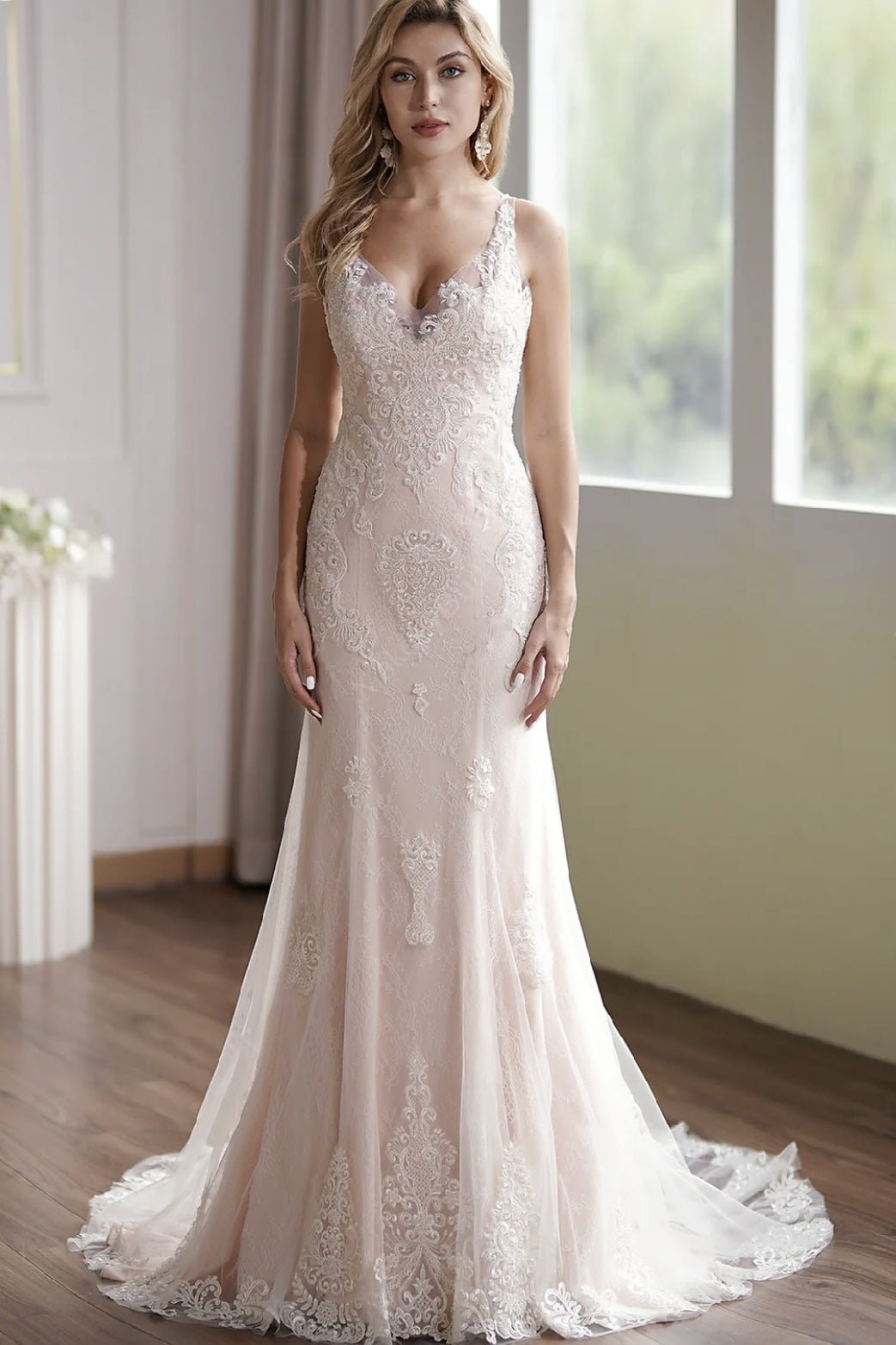 Luxurious Blush V-Neck Embroidery Straps Sleeveless Beaded Mermaid Bridal Gown