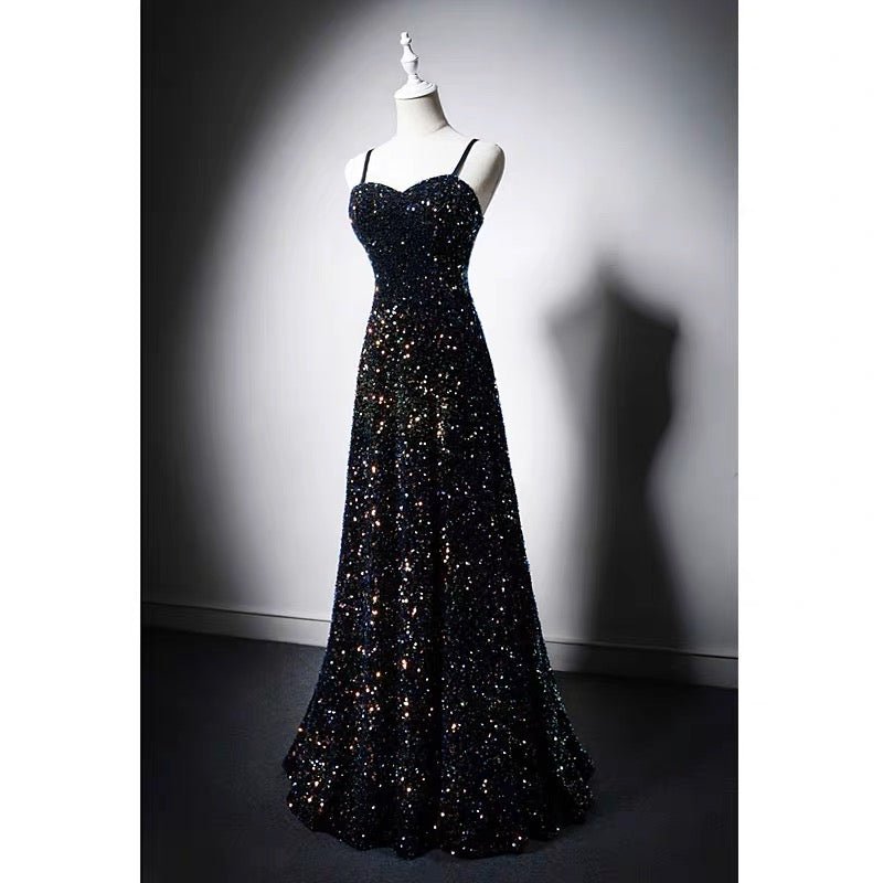 Navy Blue Strap Sequins Evening Dress - Plus Size