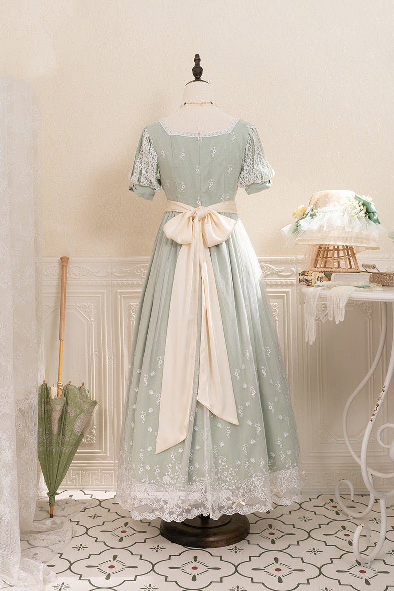 Regency Era Bellflower Mint Green Lace Embroidered Empire Waist Ball Gown -Lolita Dress Plus Size