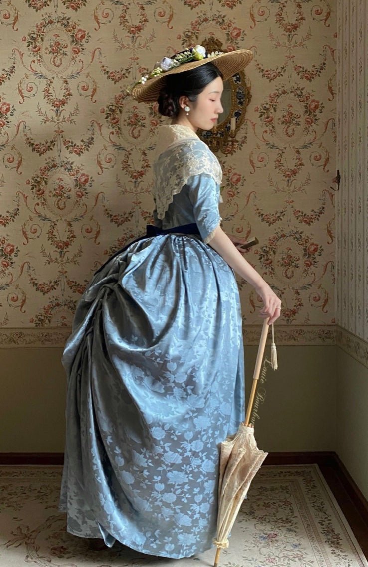 REGENCY ERA BLUE JACQUARD CORSET DRESS WITH LACE LONG SLEEVE - 1800S REGENCY BALL GOWN- PLUS SIZE