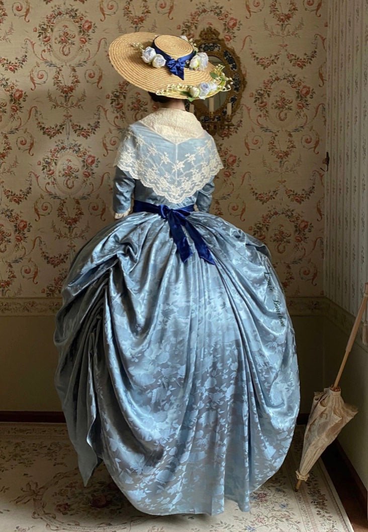 REGENCY ERA BLUE JACQUARD CORSET DRESS WITH LACE LONG SLEEVE - 1800S REGENCY BALL GOWN- PLUS SIZE