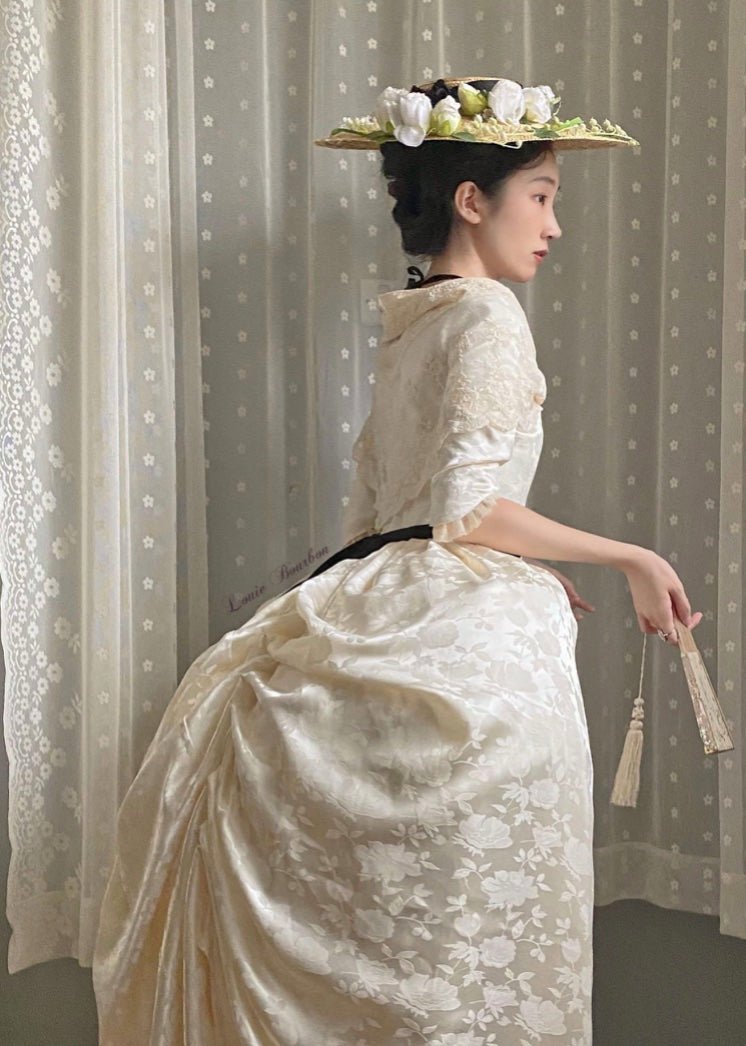 REGENCY ERA IVORY JACQUARD CORSET DRESS WITH LACE LONG SLEEVE - 1800S REGENCY BALL GOWN- PLUS SIZE