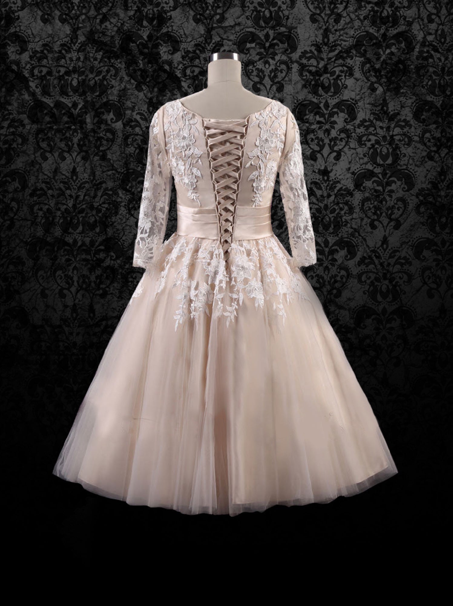 Retro 50s Modest Tea Length Lace Wedding Dress