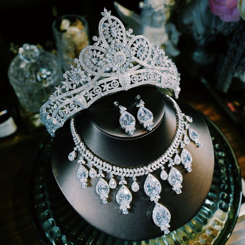 Silver Crystal Bridal Crown Vintage Elegant Necklace Trio - Jewelry Set