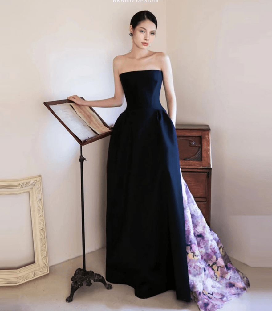 Strapless Black Gothic Asymmetry High-slit Formal Dress With Floral - Gothic Wedding Dress Plus Size