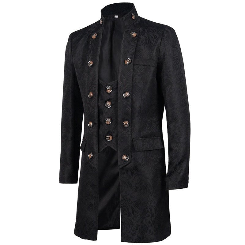 Vintage Gothic Medieval Black Jacquard Tailcoat For Men Jacket - Plus Size
