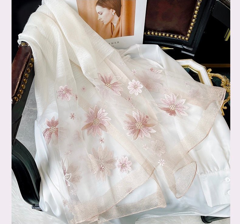 White Regency Era Shawl With Silk Wool, Embroidery