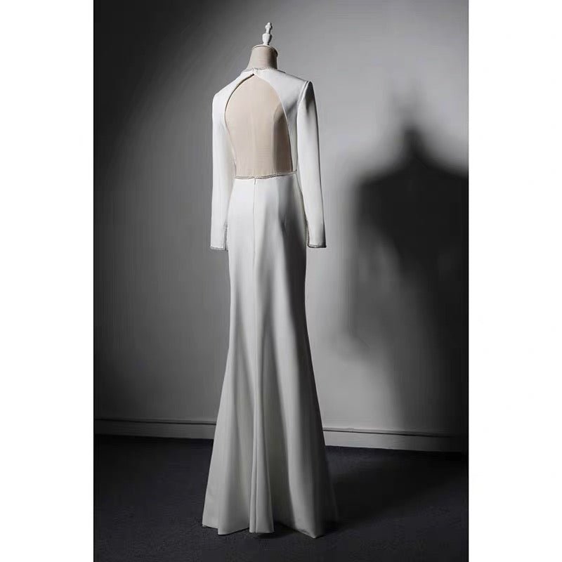 White V-neck Long Sleeve Backless Wedding Dress -  Formal Dress With Crystal -  Plus Size