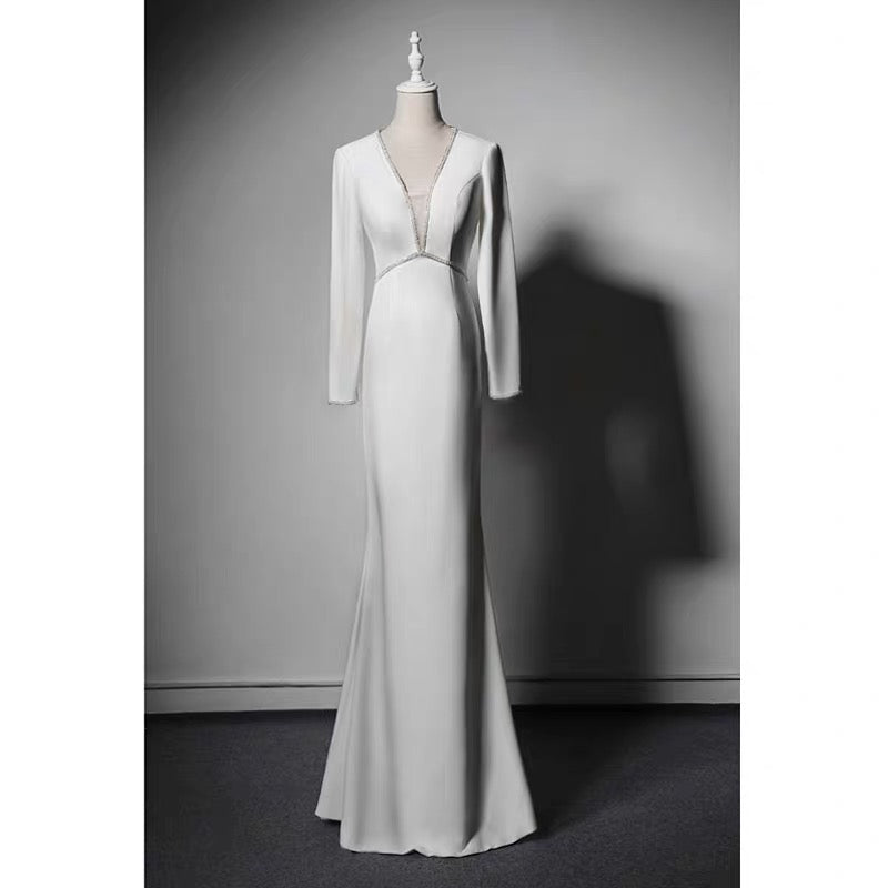White V-neck Long Sleeve Backless Wedding Dress -  Formal Dress With Crystal -  Plus Size