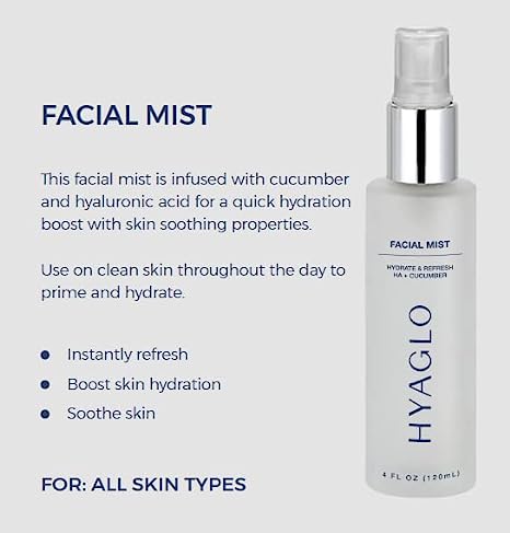 HYAGLO? Face Mist Hydrating Spray | With Cucumber & Hyaluronic Acid for Sun Burn & Tanning | Hydrating Facial Mist | 4 fl oz