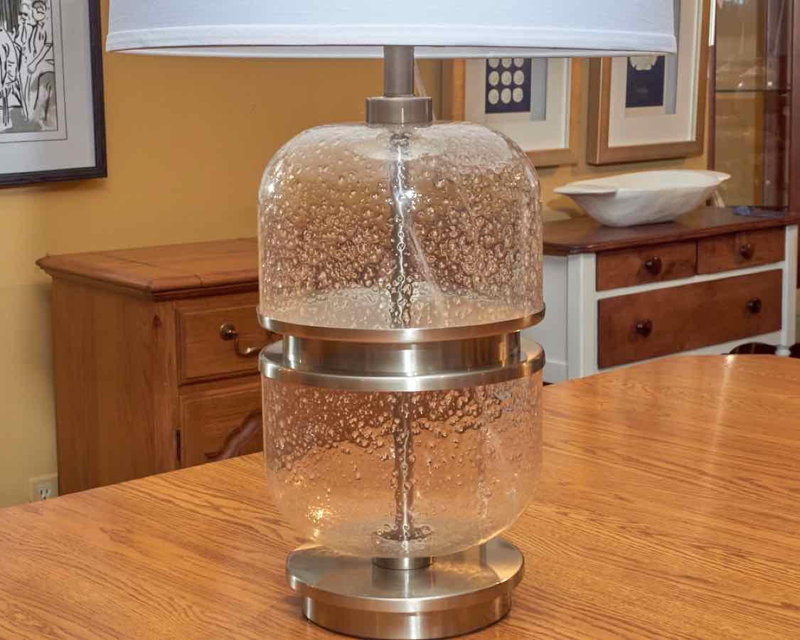 Double Seeded Glass Ash & Brushed Nickel Steel Band  Ash Table Lamp