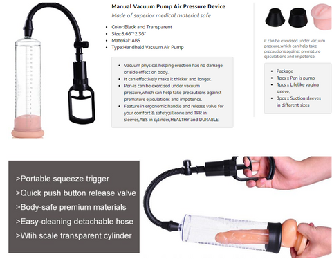 Manual Penis Vacuum Air Pump Strengthen Enlarger Booster Extender Setting Device for Men Power Up Massage Care with 1pcs Lifelike Vagina Sleeve, 3pcs Suction Sleeves in Different Sizes