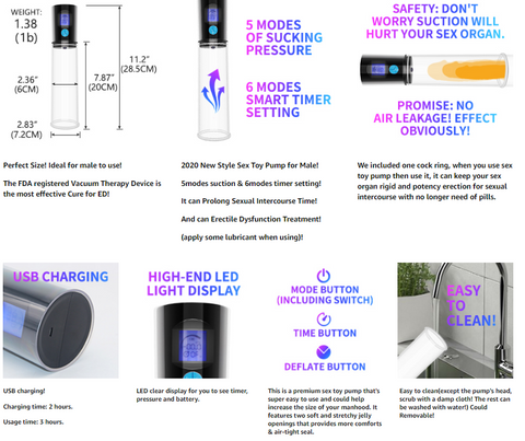 Penis Pump, 5 Suction Intensities & 6 Modes Timer Penis Erection Vacuum Pump, with Clear LED Display & Ruler Marks, USB Rechargeable Automatic Penis Pump for Man to Erection & Masturbation