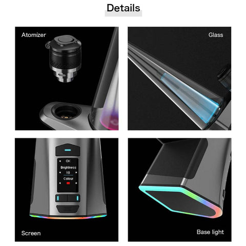 Luxo electric dab rig(erig) details, such as atomizer, glass, screen, and light