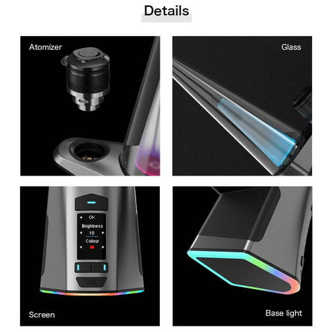 Détails du plate-forme de dab électrique Luxo (erig), tels que l'atomiseur, le verre, l'écran et la lumière