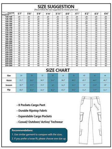 cargo pants size chart