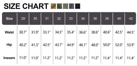 cargo shorts size chart