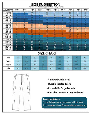 cargo pants for men size chart