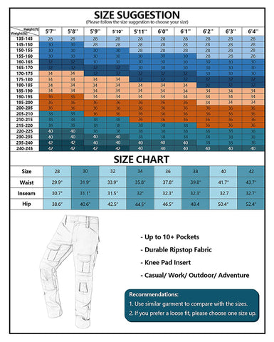 tactical pants size chart