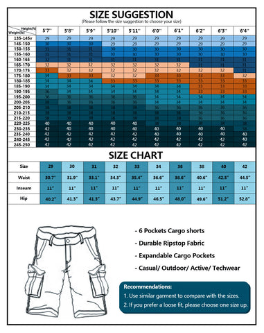 cargo shorts size chart