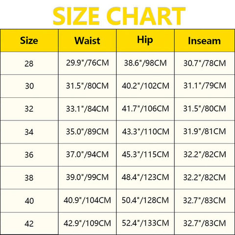 Men's Work Utility Pants Size Charts