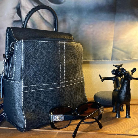 Multifunction Woman Backpack Black Genuine Leather Handbag