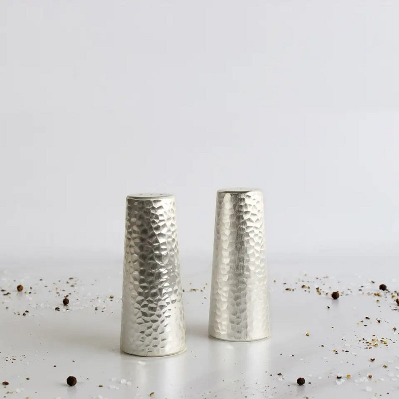 Season and Stir? Salt and Pepper Shaker Set with Two Tone Hammered Design Nouvelle