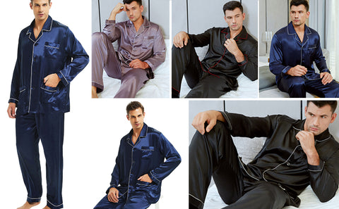 xkwyshop Men's Satin Pajamas Long Button-Down Pj Set Sleepwear Soft Silk  Loungewear With Pockets Red XXL