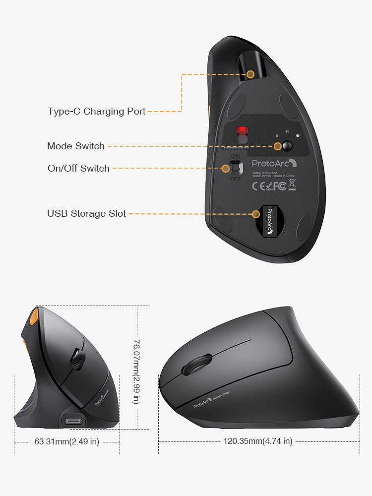 ProtoArc® EM13 Left Handed Wireless Ergonomic Vertical Mouse