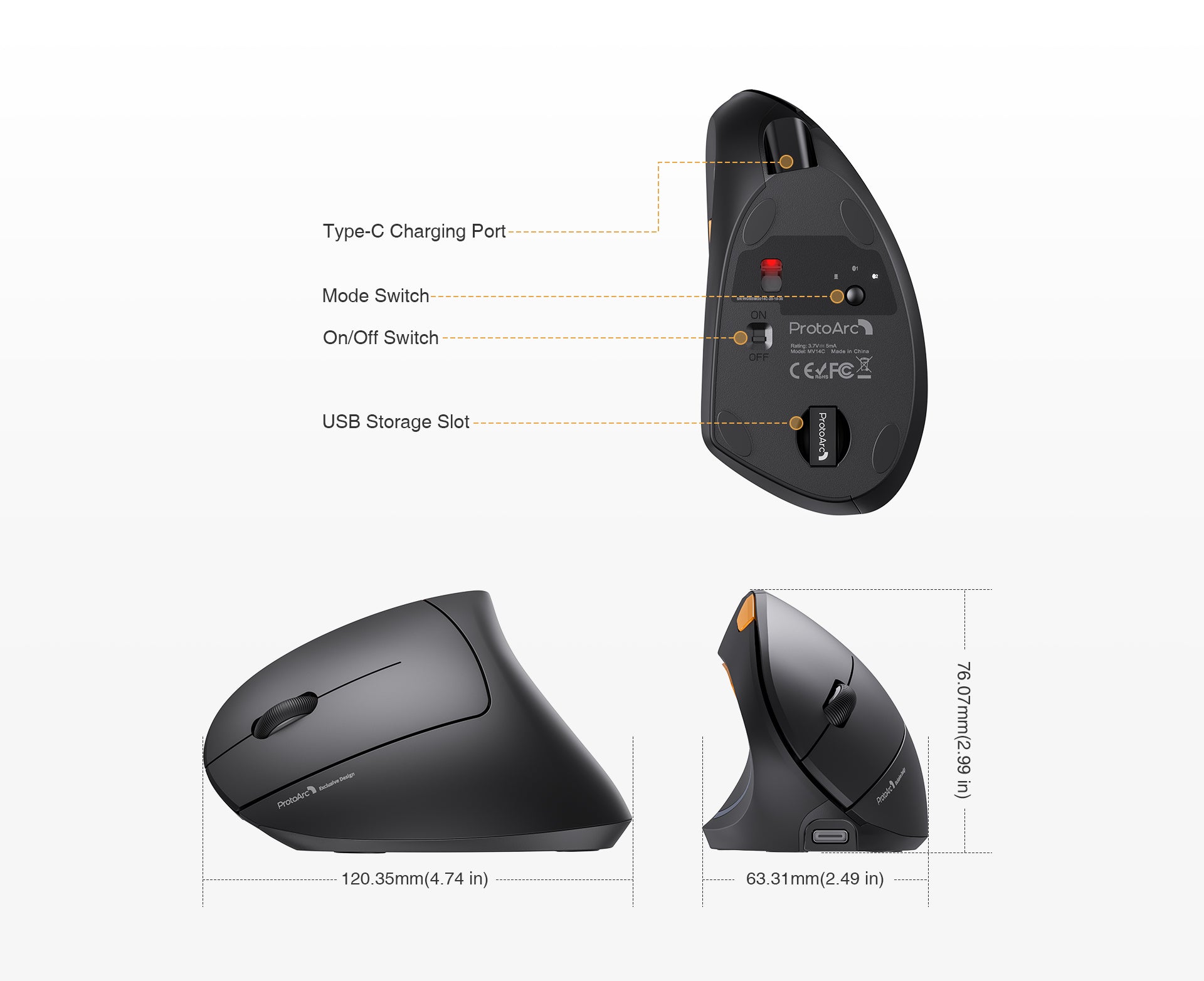 ProtoArc® EM13 Left Handed Wireless Ergonomic Vertical Mouse