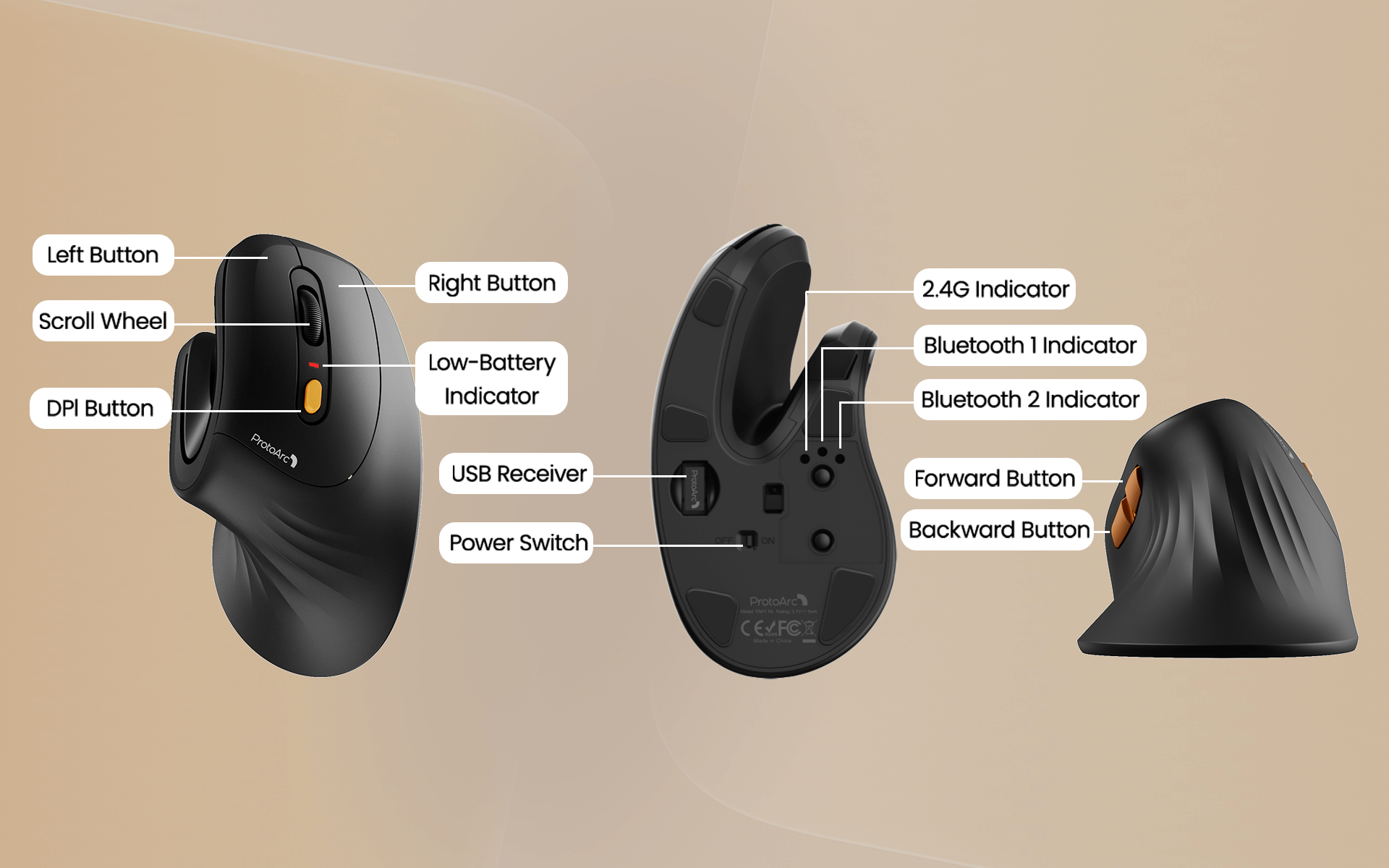 ProtoArc® EM11 NL Wireless Bluetooth Ergonomic Vertical Mouse