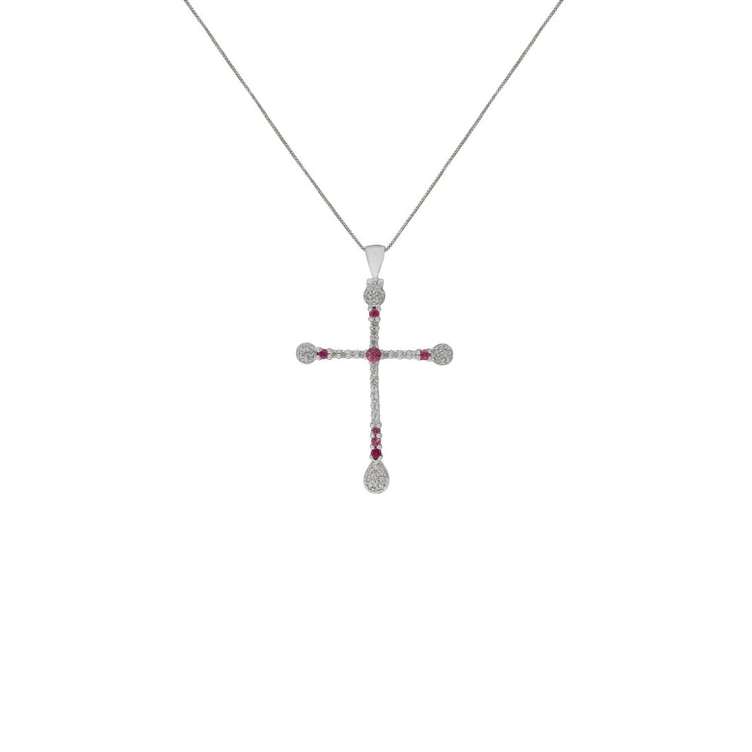 18K White Gold Diamond & Pink Sapphire Cross Pendant Necklace