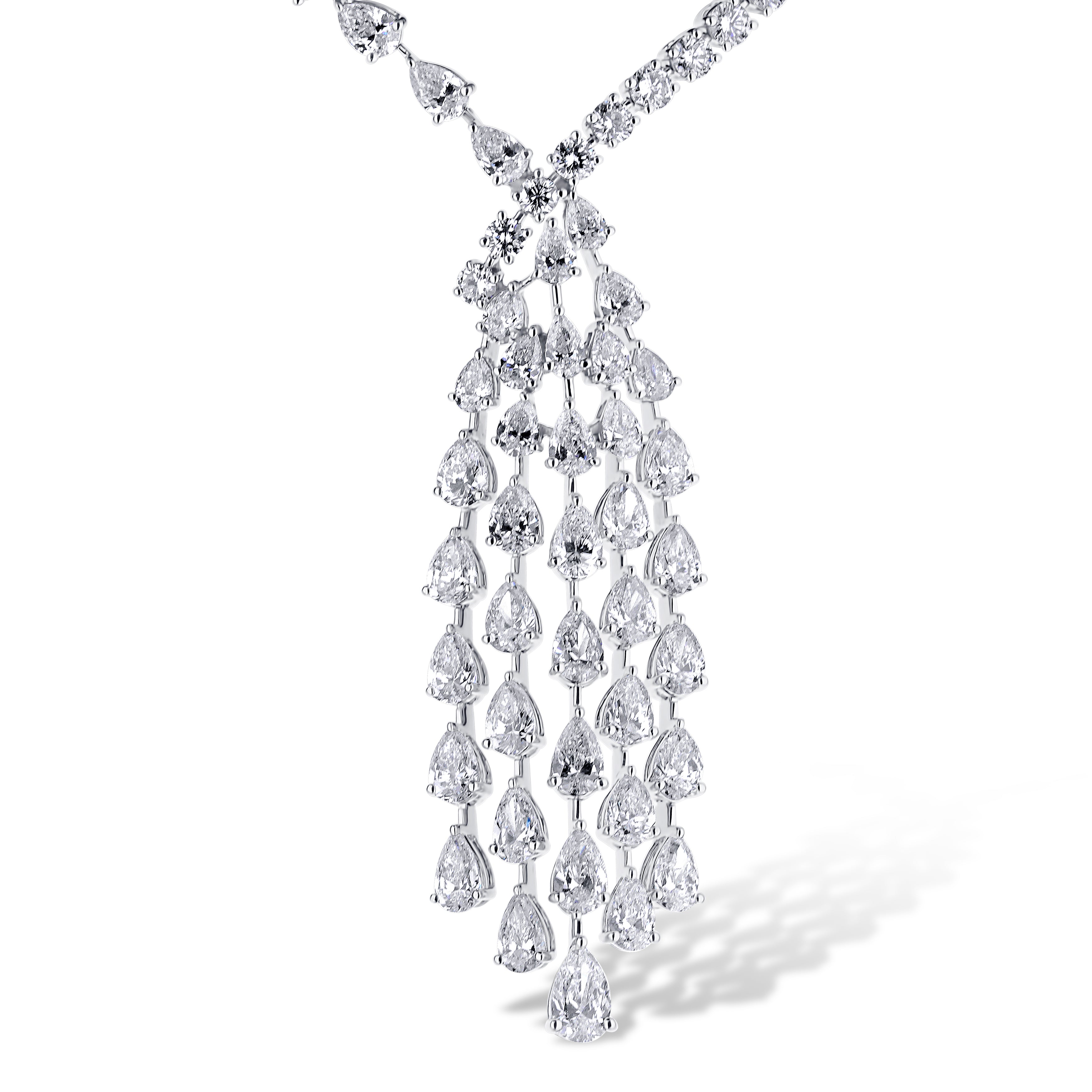 18K White Gold 16.20Ctw Pear And Round Diamond Waterfall Drop Necklace