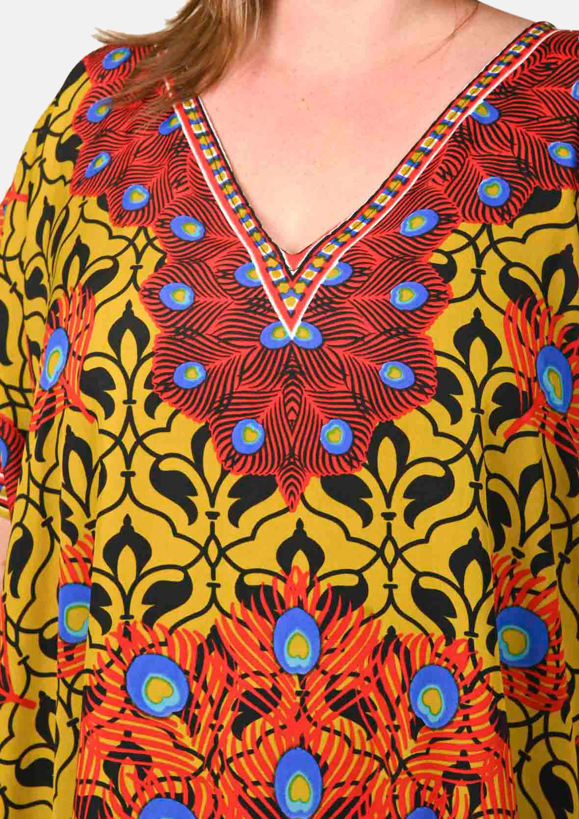 Peacock Print Kaftan With Pockets