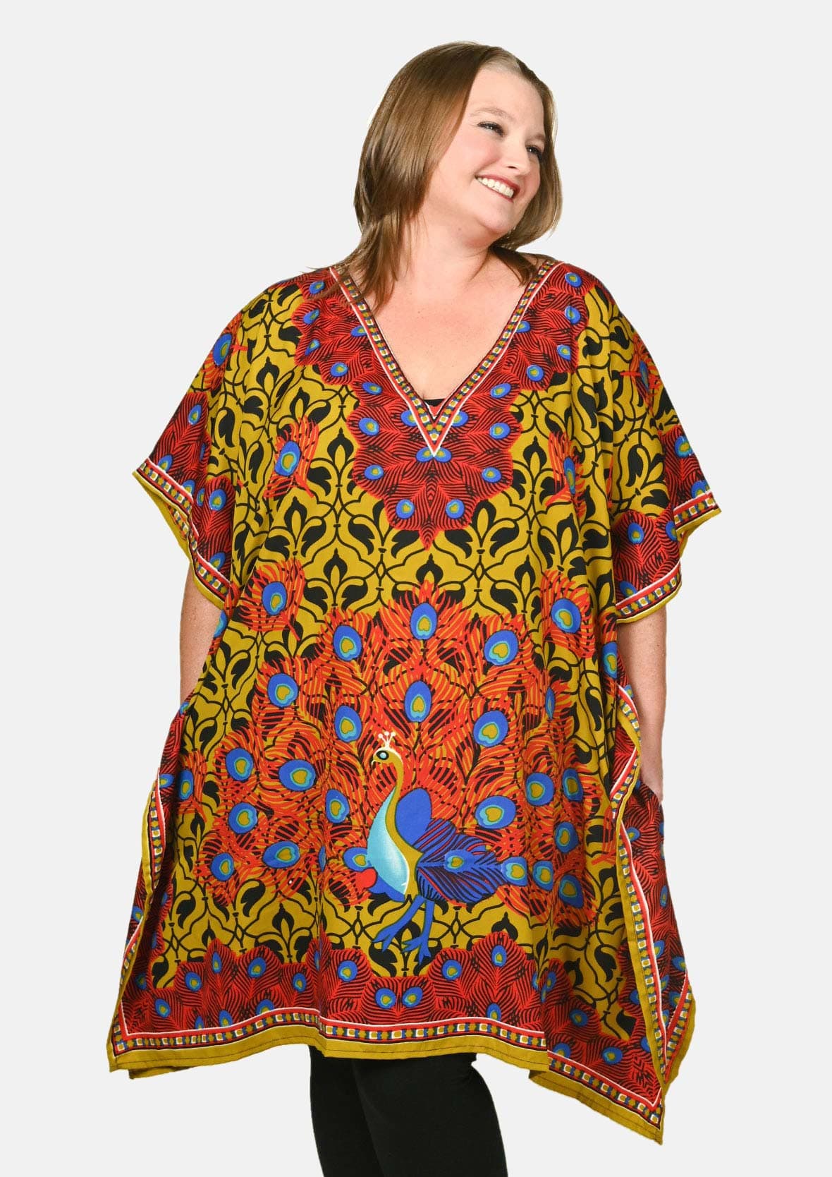 Peacock Print Kaftan With Pockets