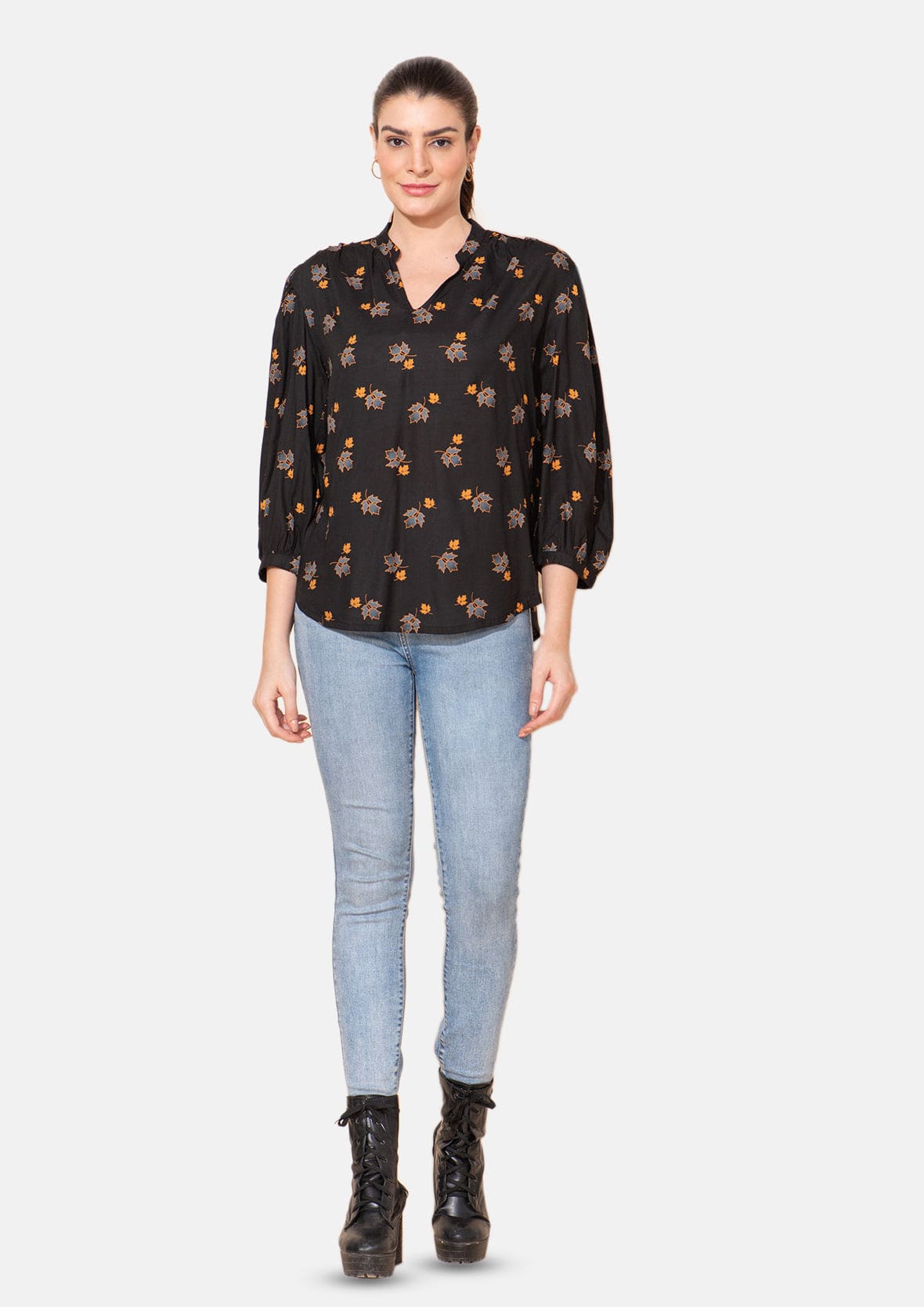 Leaf Print V-Neck Gathered Top