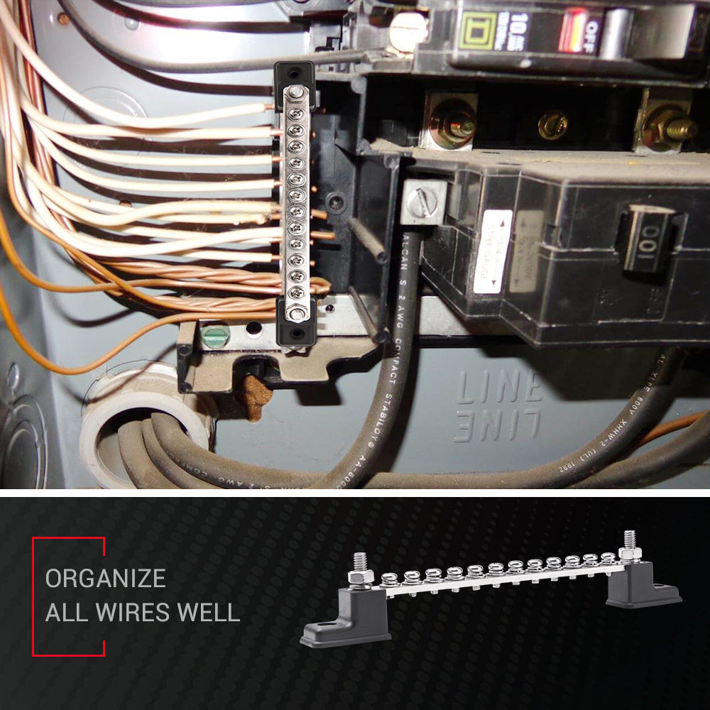 12 Terminal 150A Bus Bar & Cover | Ground Distribution Block - Car Boat Marine Power Distribution Terminal Block w/ 12 Screws + 2 Studs