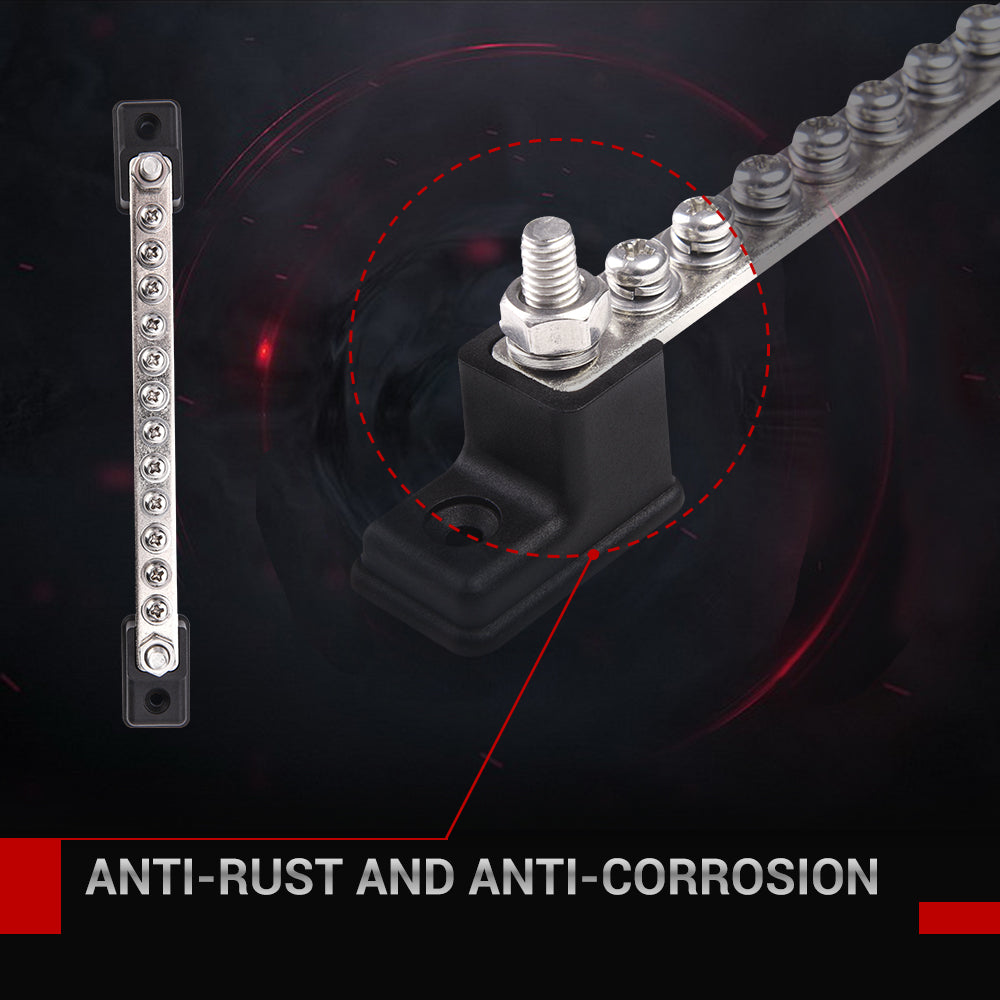 12 Terminal 150A Bus Bar & Cover | Ground Distribution Block - Car Boat Marine Power Distribution Terminal Block w/ 12 Screws + 2 Studs
