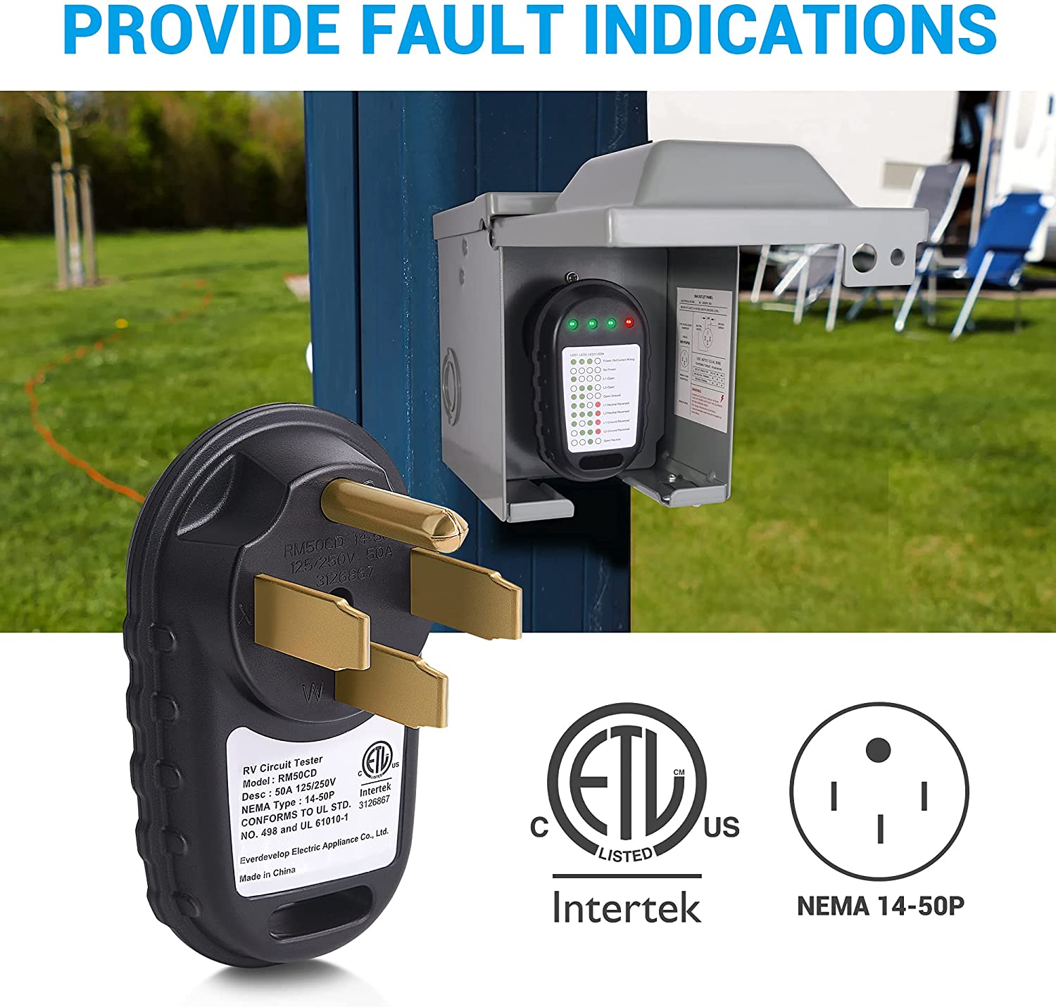 50Amp RV Circuit Tester, NEMA 14-50P 125/250V RV Power Pedestal Tester Receptacle Analyzer with LED Light Indicator