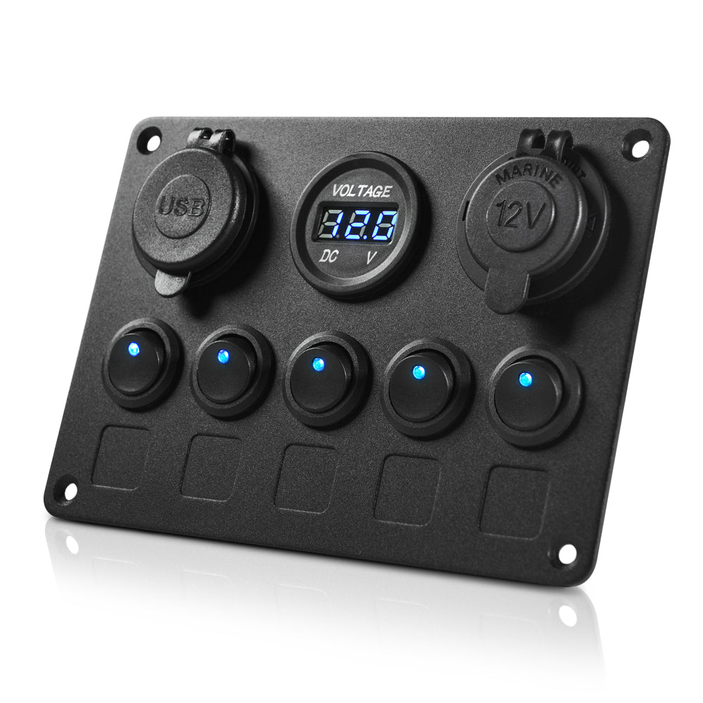 5 Gang Rocker Switch Panel with LED light 12V-24V Toggle Switch Panel with Dual USB Charger Digital Voltmeter Cigarette Lighter Socket