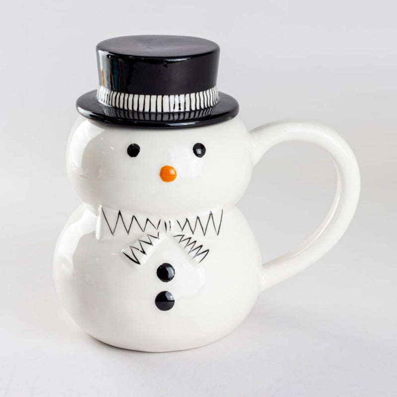 Black Snowman Ceramic Mugs with Hat, Set of 2