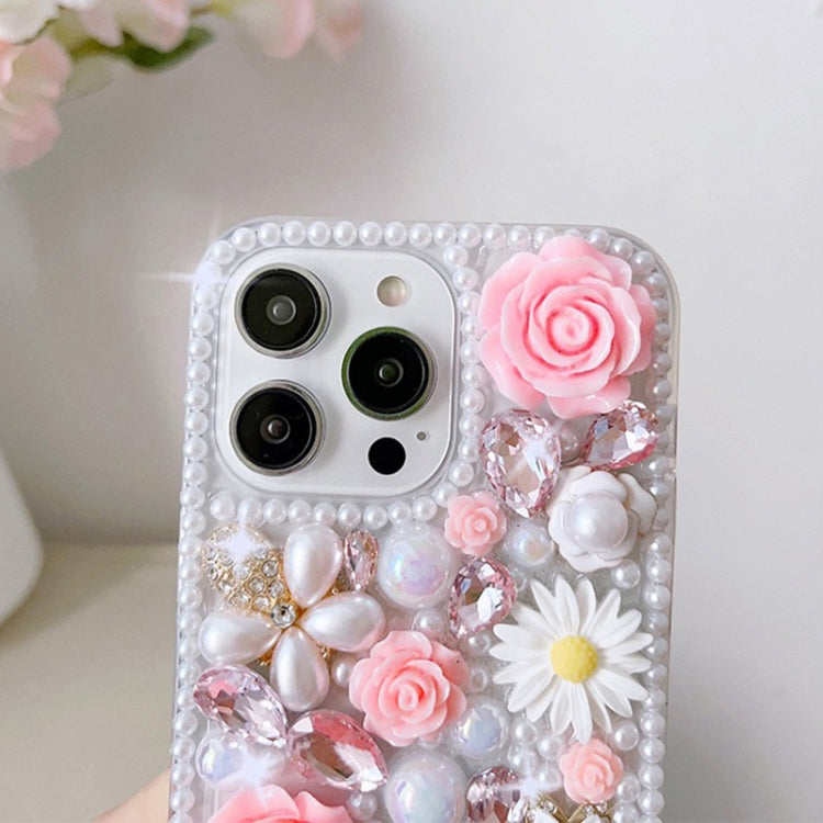 For iPhone 15 Plus Rose Hand-set Diamond PC Phone Case(Pink)