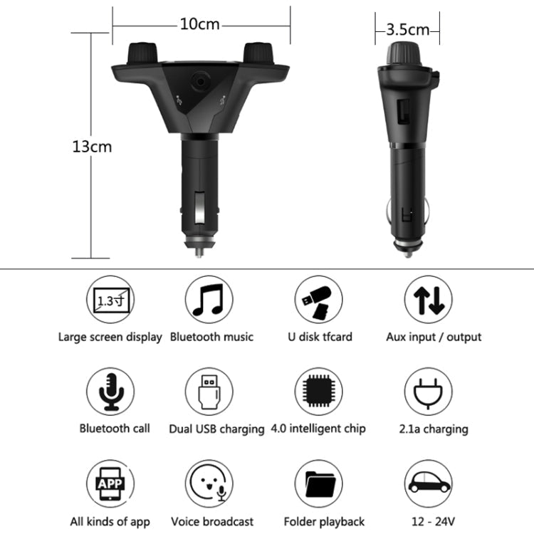 BT06 Dual USB Charging Smart Bluetooth 4.0 + EDR FM Transmitter MP3 Music Player Car Kit with 1.3 inch LED Screen, Support Bluetooth Call, TF Card & U Disk