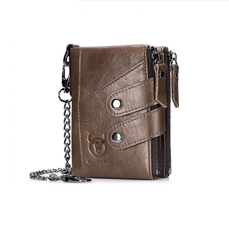 BULL CAPTAIN  Leather Three-fold Zipper Wallet For Men(Brown)