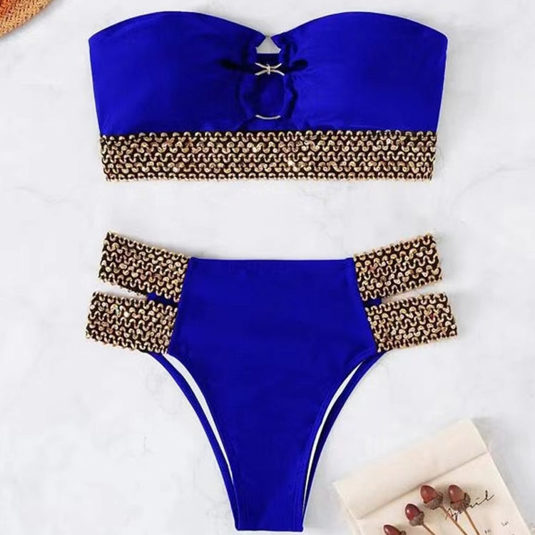 Woman Sexy Solid Color High Waist Two Piece Bikini Swimsuit, Size:M(Blue)