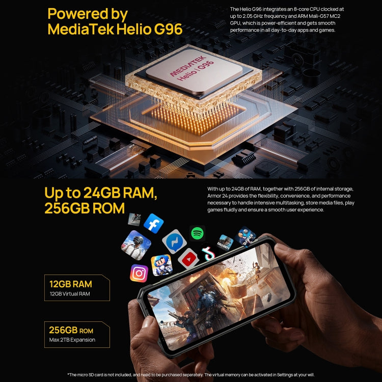 [HK Warehouse] Ulefone Armor 24, 12GB+256GB, Rugged Phone, Side Fingerprint, 22000mAh, 6.78 inch Android 13 MediaTek Helio G96 Octa Core, Network: 4G, NFC(Black)