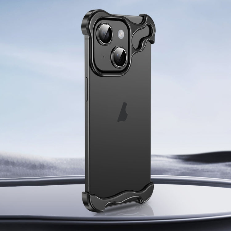 For iPhone 15 Frameless Metal Corner Pad Phone Case with Lens Film(Black)