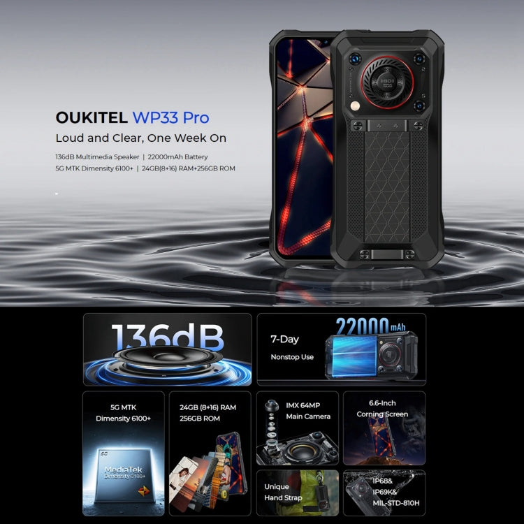 [HK Warehouse] Oukitel WP33 Pro, 8GB+256GB, IP68/IP69K, Fingerprint Identification, 22000mAh, 6.6 inch MediaTek Dimensity 6100+ Octa-core, NFC, OTG, Network: 5G(Black)